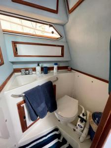 a small bathroom with a toilet and a sink at Barco TUAREG in Puerto Calero
