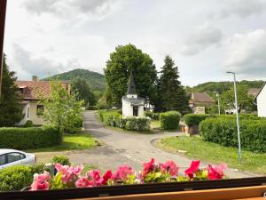 una ventana con vistas a un pequeño pueblo con flores rosas en Bílka 33 - Village home in the Czech Central Highlands en Bořislav
