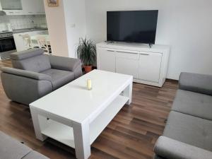 a living room with a white coffee table and a tv at Apartman Studenac in Kiseljak