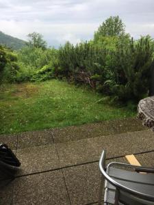 a chair sitting on a patio with a view of a yard at On the hill in Sasbachwalden