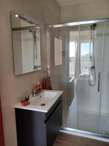 y baño con lavabo y ducha. en Luxurious 2 bedroom apartment with country view, en Marsaxlokk