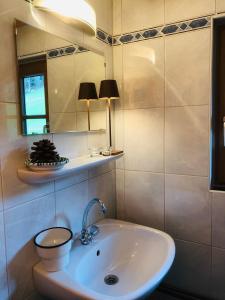 a bathroom with a sink and a mirror at Selbstversorgerhaus Herisch in Schladming