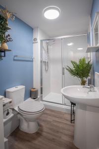 a bathroom with a toilet and a sink and a shower at Bank Street Apartment 4 in Blackpool