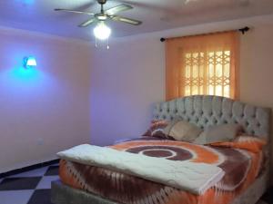 a bedroom with a large bed with a ceiling fan at Well presented apartment with 2 master bedrooms. in Freetown
