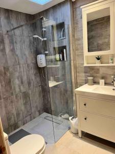 La salle de bains est pourvue d'une douche, de toilettes et d'un lavabo. dans l'établissement Beautiful Riverside Retreat in Blackwater, Wexford, à Blackwater