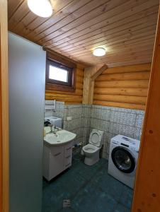 W łazience znajduje się umywalka i pralka. w obiekcie LOG HOUSE w mieście Bakuriani