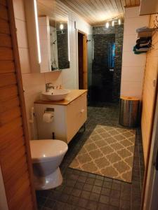 a bathroom with a toilet and a sink and a shower at Villa Tiiro in Ii