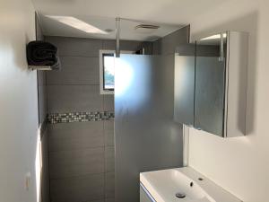 a white bathroom with a shower and a sink at Bateau appartement sur l'Erdre au coeur de Nantes in Nantes