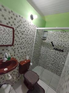 a bathroom with a toilet and a sink and a shower at Hostel e Camping Caiçara in Santo Amaro