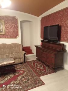 ein Wohnzimmer mit einem Sofa und einem Flachbild-TV in der Unterkunft Atlantis Apartmán 1 in Klášterec nad Ohří
