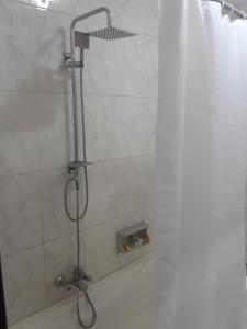 a shower with a shower curtain in a bathroom at New Boutique Apartment Egypt in Cairo