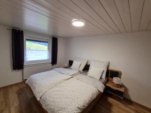 una camera con un letto in una stanza con una finestra di Ferienwohnung Waldfrieden a Scheidegg