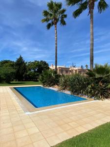 a swimming pool with palm trees in a yard at Balaia Residence in Albufeira