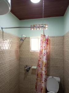 a bathroom with a shower curtain and a toilet at Puma Garden and Suites - Nyarutarama in Kigali