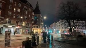 una calle de la ciudad por la noche con edificios y luces en City Centre en Copenhague