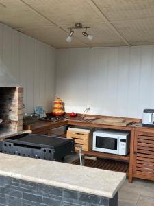 a kitchen with a stove and a microwave at KAZE SILAS in Saint-Joseph