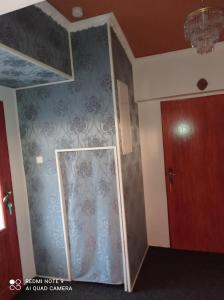 een kamer met een douche met een gordijn en een deur bij Atlantis Apartmán 1 in Klášterec nad Ohří
