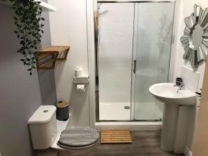 La salle de bains est pourvue d'une douche, de toilettes et d'un lavabo. dans l'établissement Bank Street Apartment 6, à Blackpool
