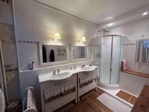 a bathroom with two sinks and a shower at Chambres d'hôtes de charme sur LE MANS in Le Mans