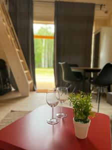 twee wijnglazen op een rode tafel met een potplant bij FirLake domki nad jeziorem Firlej in Firlej