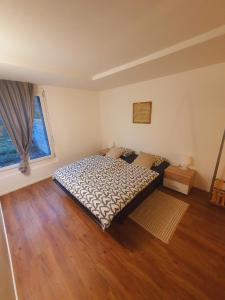 1 dormitorio con cama y ventana grande en Neue Wohnung an Stadtrand mit Parkplatz en Lucerna