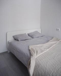 uma cama branca com duas almofadas em cima em Sunny apartment with lake and forest view em Visaginas