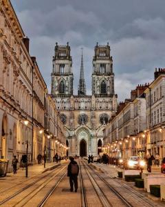 a large building with two towers on a city street at LE JARDIN D'ALEXANDRE in Orléans