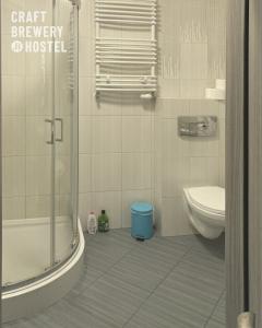La salle de bains est pourvue d'une douche et de toilettes. dans l'établissement Hostel Browar Jedlinka, à Jedlina-Zdrój