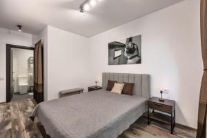 een slaapkamer met een groot bed en een badkamer bij Modern apartment with city-view near Poiana Brasov in Braşov