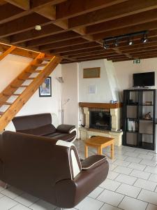 ein Wohnzimmer mit einem Sofa und einem Kamin in der Unterkunft Aux 4 chalets in Bouillon