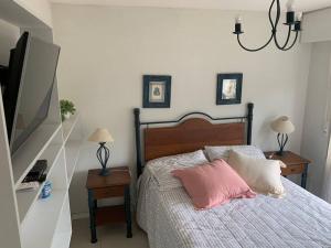 Schlafzimmer mit einem Bett mit rosa Kissen und einem TV in der Unterkunft Apto con piscinas, servicios, cochera, wifi in Punta del Este