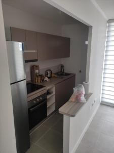 a kitchen with a stainless steel refrigerator and a counter at Depto Brisas del Valle in La Serena