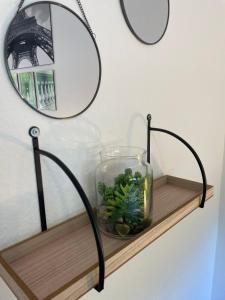 a fish bowl on a wooden shelf with two mirrors at Ferienwohnung & Apartment Am Steinbrunnen in Brauneberg