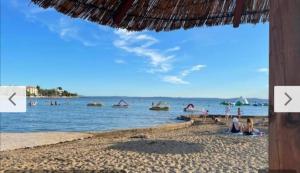 un groupe de personnes sur une plage avec l'océan dans l'établissement Mobilna kuća T&D, à Privlaka