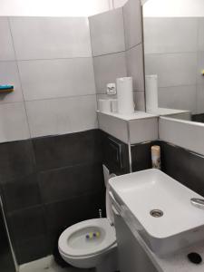 a bathroom with a white toilet and a sink at Prywatny pokój w Ośrodku Panorama Okuninka in Włodawa