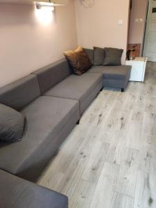 salon z kanapą i drewnianą podłogą w obiekcie Prywatny pokój w Ośrodku Panorama Okuninka we Włodawie