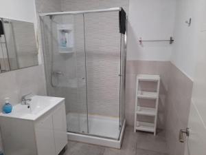 baño blanco con ducha y lavamanos en Bécquer 3, en Málaga