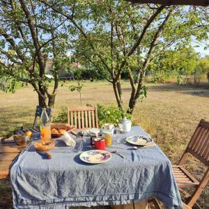 a blue table with food and drinks on it at Studio du Mont des Ormes in Monchy-Humières +14 photos