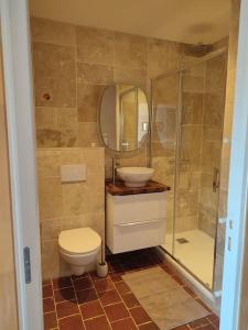 een badkamer met een toilet, een wastafel en een douche bij Studio du Mont des Ormes in Monchy-Humières