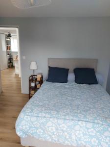 1 dormitorio con 1 cama grande con almohadas azules en Maison familiale centre ville avec Parking, en Le Mans