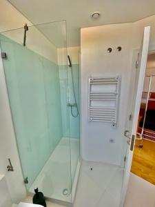 W łazience znajduje się prysznic ze szklanymi drzwiami. w obiekcie Porto.Leça - Studios and Apts (Apt H) w mieście Leça da Palmeira