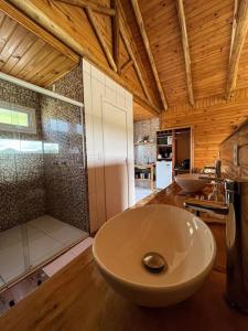 y un baño grande con lavabo y ducha. en @lacascatachales Chalé Curucaca, en Urubici