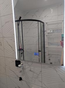 La salle de bains est pourvue d'une douche avec une porte en verre. dans l'établissement Eye of the Tiger. Apartament w centrum Mrągowa., à Mrągowo