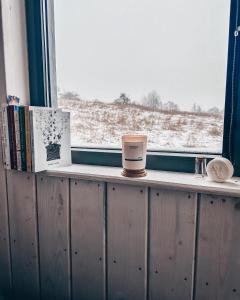 a window sill with a candle and books on it at Ežerėja 