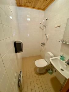 a bathroom with a toilet and a sink at Villa Rapakivi in Heinola