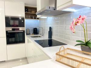 a kitchen with white appliances and a plant in a basket at Unique Waterfront Duplex on the Mediterranean - Caleta, Catalan Bay in Gibraltar