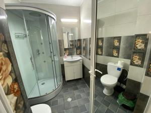 a bathroom with a shower and a toilet and a sink at Vila Fifi Costinesti in Costinesti