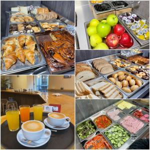 un collage de cuatro fotos de diferentes alimentos para el desayuno en Apartamentos Day Madrid VALVERDE Centro Gran Via Sol Malasaña, en Madrid