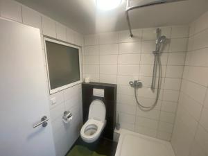 a small bathroom with a toilet and a shower at Stylish accommodation in the middle of Wiesbaden in Wiesbaden