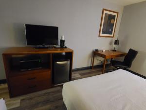 a bedroom with a bed and a tv and a desk at Travelodge by Wyndham Barrie in Barrie